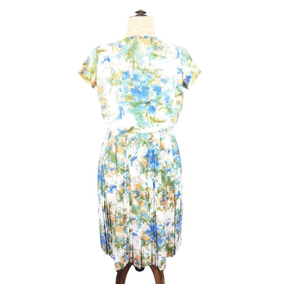 Vintage 1960s Floral Day Dress Abstract Print Pleated Skirt | W 32" - Picture 2 of 5